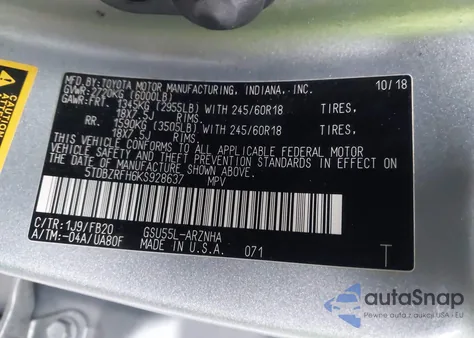 2019 Toyota Highlander Le z USA, uszkodzony, nr VIN 5TDBZRFH6KS928637